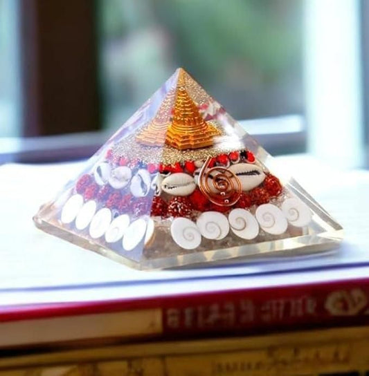Diwali Blessings – Shree Yantra Crystal Pyramid with Gomati Chakra for Wealth & Luck